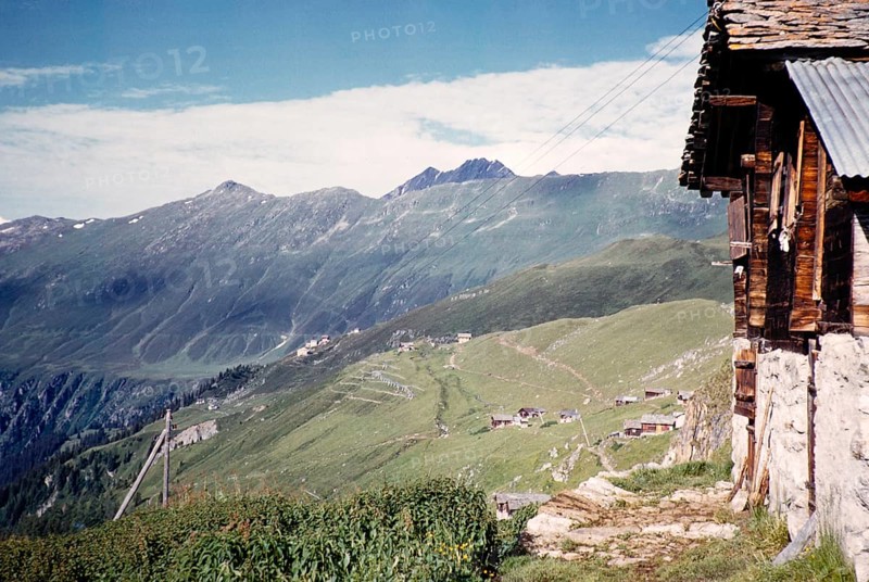 Wooden summer log cabins Belalp, Bernese Alps, Switzerland, Europe around 1960, Europe