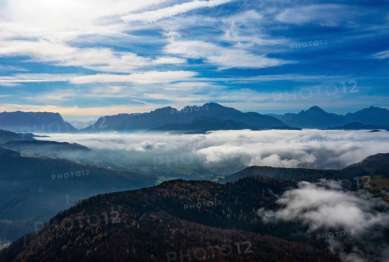 View from Schwarzenberg to a sea of fog in the Salzach valley with Watzmann and Untersberg, Osterhorn group, Salzkammergut, Salzburg province, Austria, Europe