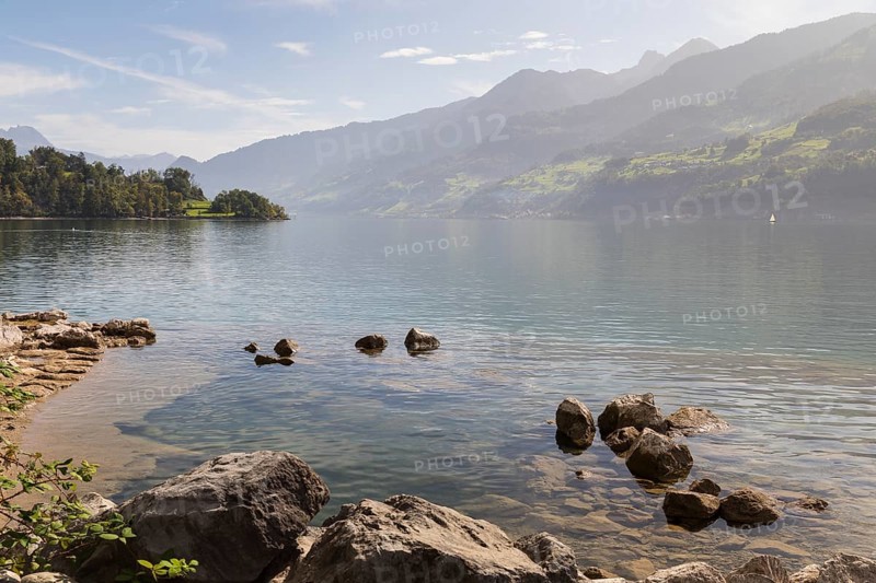 View from the north shore of Lake Walen to the east, Amden, St. Gallen, Switzerland, Europe