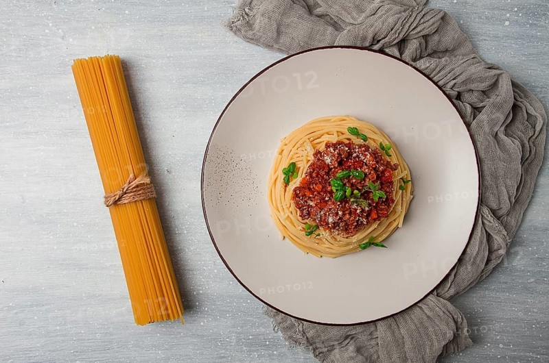 Spaghetti Bolognese, top view, close-up, no people, homemade
