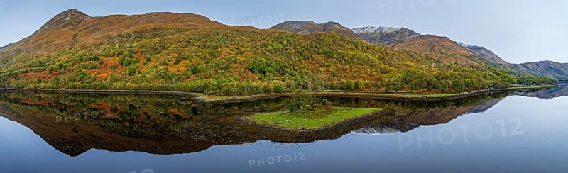 Fjord, coast, mountain landscape, reflection, island, autumn, panorama, aerial view, Loch Leven, Scotland, Great Britain