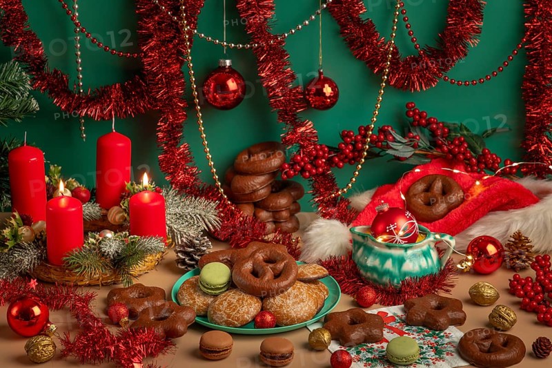 Lavishly decorated table with Christmas decorations, Advent wreath with two lit candles and biscuits