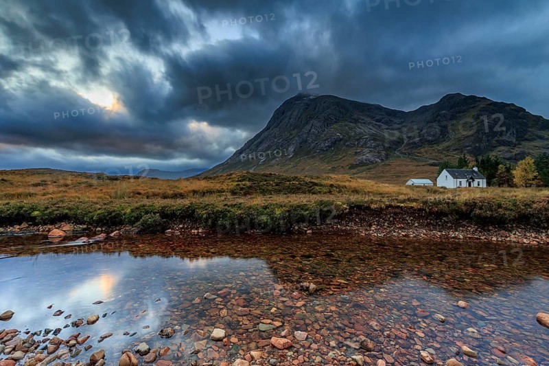 Wild river, cloudy mood, hut, cottage, long exposure, autumn, mountains, Lagangarbh Cottage, Buachaille Etive Mòr, Glencoe, Scottish Highlands, Scotland, Great Britain