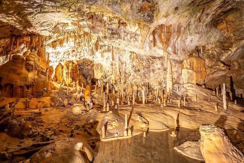 Breathtaking view of illuminated stalactites and stalagmites formations inside postojna cave, a famous tourist attraction in slovenia