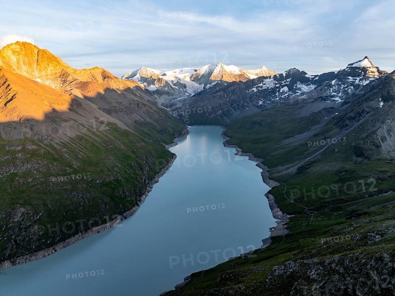 Alpine panorama with Pigne d'Arolla, Lac de Dix, sunset in the mountains, reservoir, Valais Alps, Valais, Switzerland, Europe