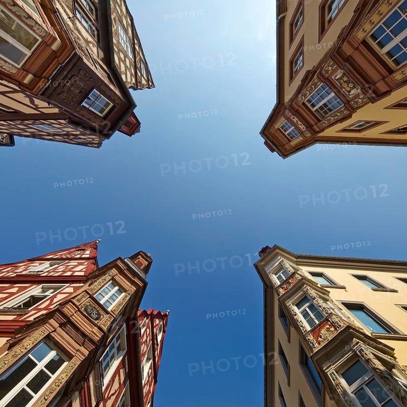 Four towers, ensemble of four historic buildings, view from bottom to top, Old Town, Koblenz, Rhineland-Palatinate, Germany, Europe