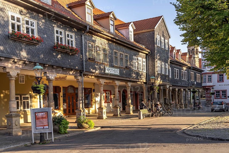 Arcades with shops at the market in Arnstadt, Thuringia, Germany, Europe