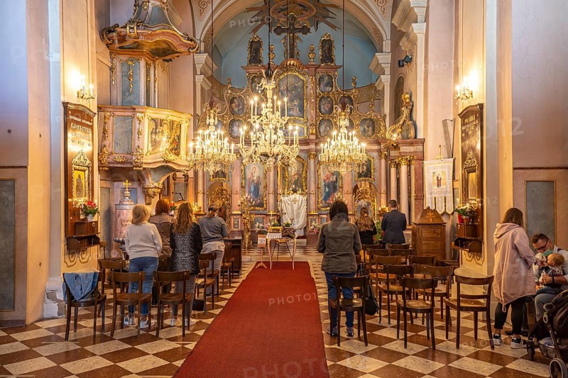 Service in the interior of the Greek Catholic parish church of St Barbara in Vienna, Austria, Europe