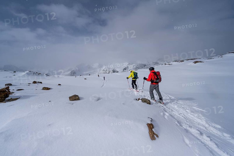 Ski tourers on the descent, snow-covered mountain landscape, Ortler Alps, Vinschgau Valley, Italy, Europe