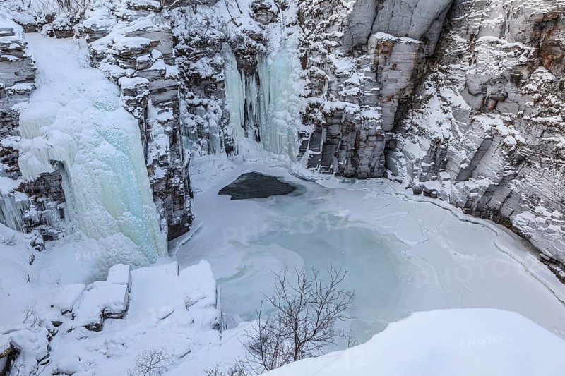 Gorge, canyon, river, waterfall, icy, ice, snow, winter, Abisko Canyon, Abisko National Park, Laponia, Lapland, Sweden, Europe
