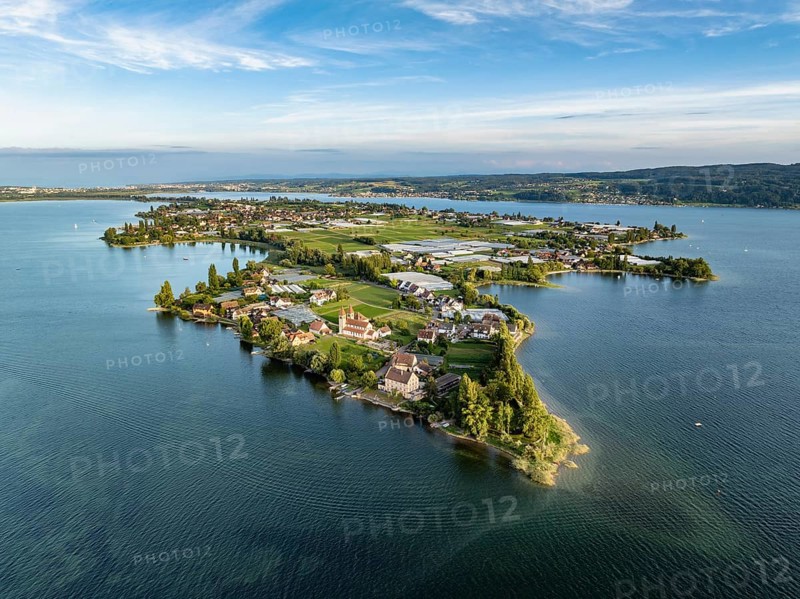 Aerial view, of the north-western tip of the island of Reichenau in Lake Constance, with the district of Niederzell and the columned basilica of St Peter and Paul, with Windegg Castle on the shore, district of Constance, Baden-Württemberg, Germany, Europe