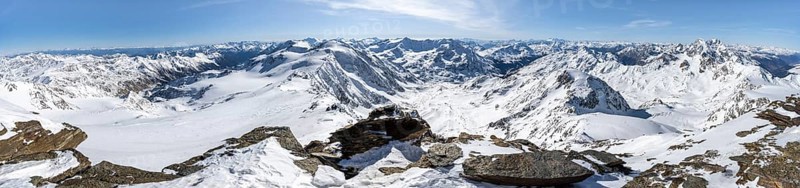 Panorama, mountain panorama at the summit of Monte Cevedale, view of Val Venezia and mountain peaks Königsspitze and Ortler, snow-covered mountain landscape in winter, Ortler Alps, Vinschgau Valley, Italy, Europe