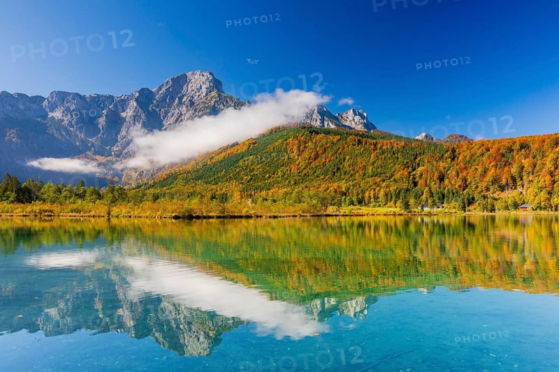 Lake Almsee in autumn with a forest reflected in the lake. A slowly dissipating fog moves over the lake. Blue sky with no clouds