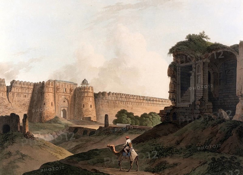 The western entrance to Shere Shah's Fort, It lies outside the walls of Shah Jehanabad, or modern Delhi, which is the third city of that name, the oldest occupying a hill about twelve miles south-west of the present city, the second, as well as the last, being on the south-western banks of the river Jumma, c. 1880, digitally enhanced reproduction of a 19th century original