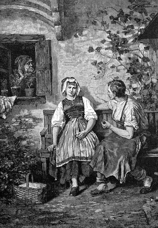 Eavesdropped love, young couple flirting on a bench in front of the house, the father listens from the window, Germany, 1887, Historical, digital reproduction of an original from the 19th century, Europe