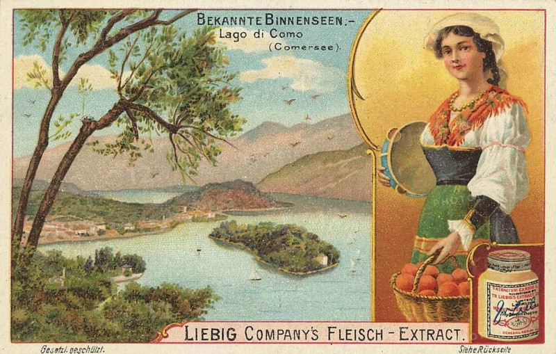 Picture series Famous inland lake with locals, Lake Como, Lago di Como in Italy, Liebig picture, digitally restored reproduction of a collector's picture from around 1900, public domain, exact date unknown, A woman in traditional traditional costume stands next to an idyllic lake landscape with hills in the background. She is holding a basket full of fruit