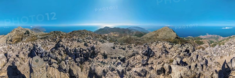 360° summit view from Kali Limni of mountains and the ocean under a blue sky, hike to the summit of Kali Limni, Kali Limni, Lastos, Karpathos, Greece, Europe