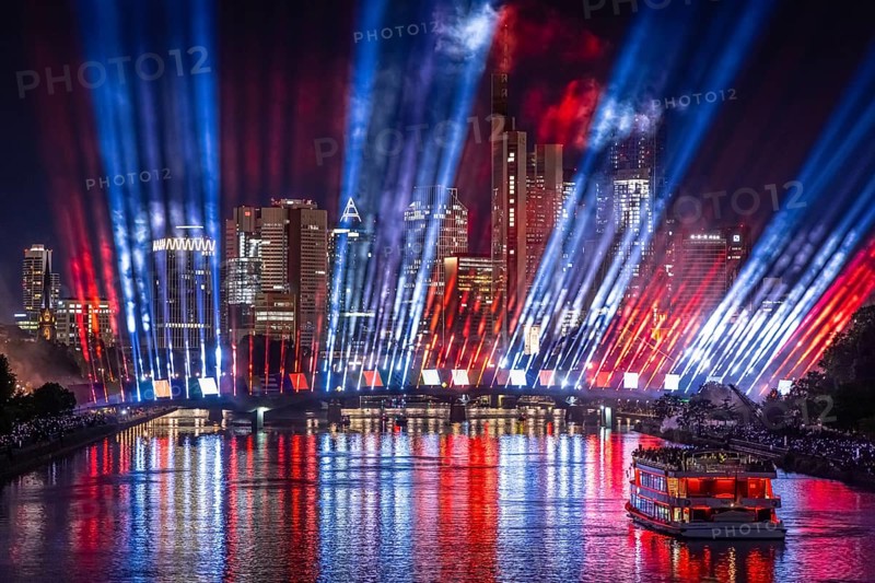 A spectacular light show at the Flößerbrücke in Frankfurt am Main puts spectators in the mood for the start of the 2024 European Football Championship, which will take place from 14 June to 14 July 2024, Frankfurt am Main, Hesse, Germany, Europe