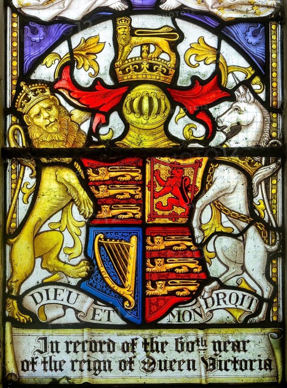 Stained glass window commemorating 60th year of reign of Queen Victoria, Boulge church, Suffolk, England, UK - Clayton and Bell 1897 - Dieu et Mon Droit