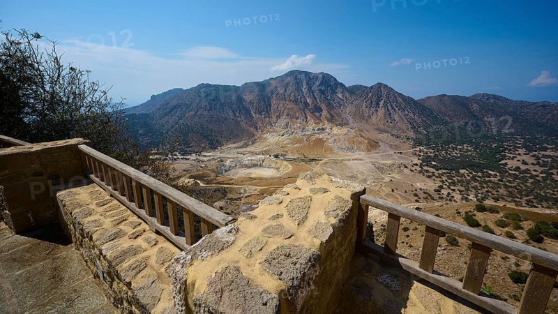Breathtaking view of volcanic landscape with rocky balustrade and clear sky in the background, volcanism, volcanic island, Nikia viewpoint, Nisyros, Dodecanese, Greek Islands, Greece, Europe