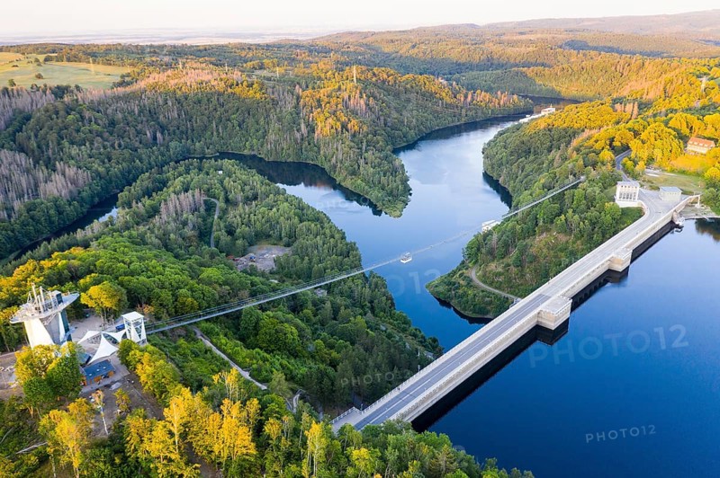 Aerial view of the Rappbode dam, dam wall and suspension bridge by Harzdrenalin, Oberharz am Brocken, Harz, Saxony-Anhalt, Germany, Europe