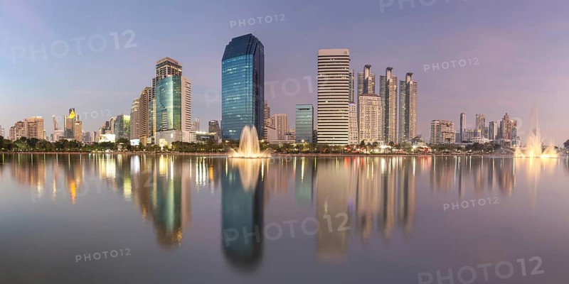 Benjakitti Park, eastern water zone with water fountain, a municipal park in the Khlong Toei district, Bangkok, Thailand, Asia
