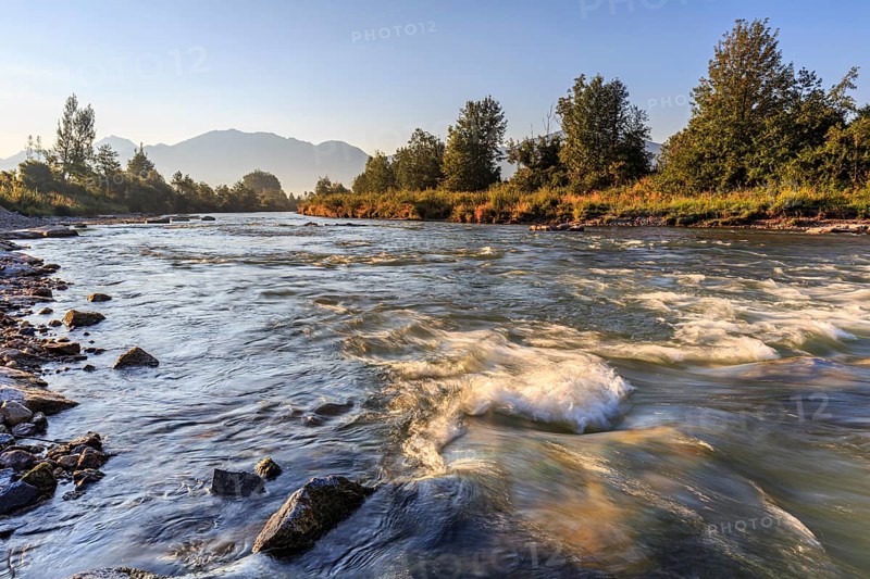 Rapids in a river, morning light, mountains, long exposure, Loisach, near Großweil, Bavaria, Germany, Europe