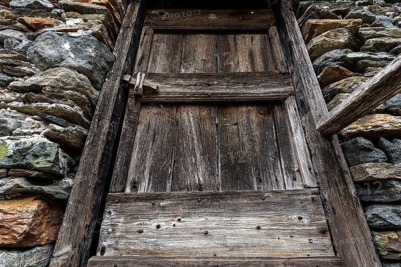 Old wooden door of a typical Ticino stone house in the mountain village of Bordei, Centovalli, Canton Ticino, Switzerland, Europe