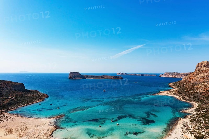 Drone shot, beach and bay of Balos, Gramvousa peninsula, Kolimbari, West Crete, Crete, Greece, Europe
