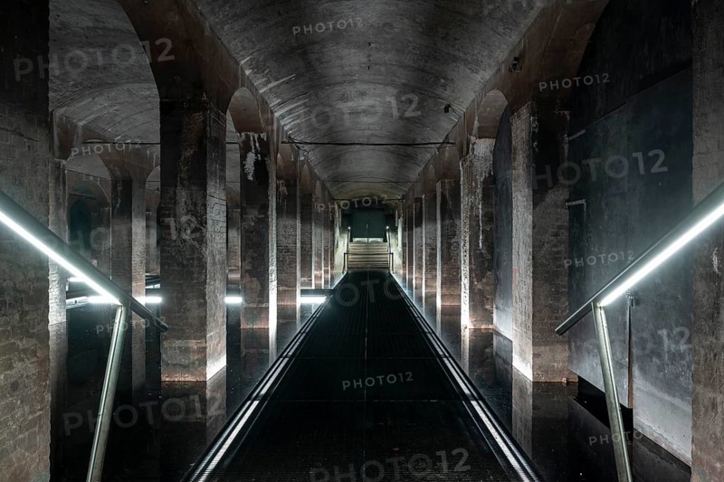 Illuminated underground water reservoir with brick vault, today Museum Cistern, Cisterns in Søndermarken, Frederiksberg Park, Copenhagen, Denmark, Europe