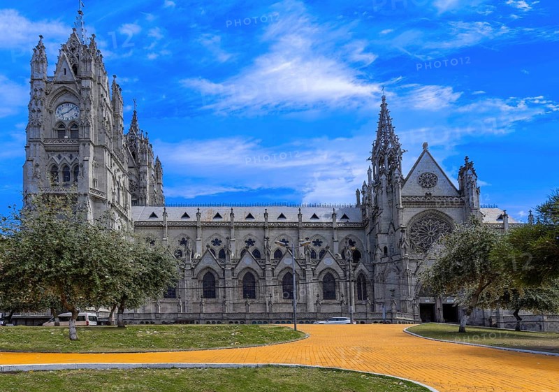 Cathedral Basilica of National Vow in historic center of Quito, Ecuador. Roman catholic church