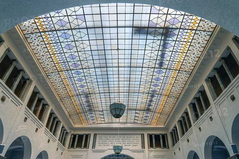 Glass dome in the historic fountain hall, inaugurated in 1842, replaced by a new building in 1911, Bad Kissingen, Lower Franconia, Bavaria, Germany, Europe