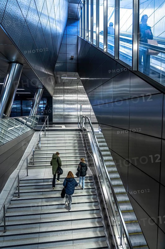 Modern underground station of the Wehrhahn line, Benrather Straße, 6 new stations, opened in 2016, of the 3.4 km long underground line in the city centre of Düsseldorf, North Rhine-Westphalia, Germany, Europe