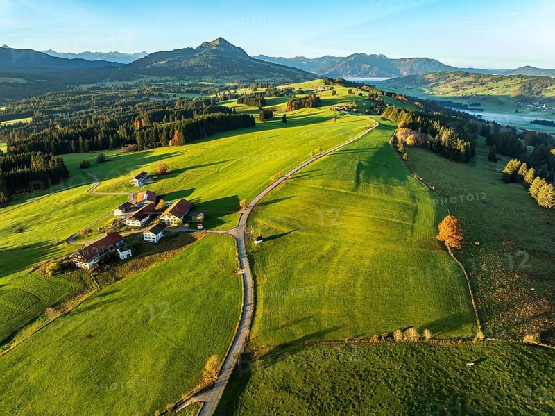 Mountain range near village Wertach, view to mt. Gruenten, sunrise, fog in valley, traditional farm, autumn colors, aerial view, Allgaeu, Bavaria, Germany, Europe