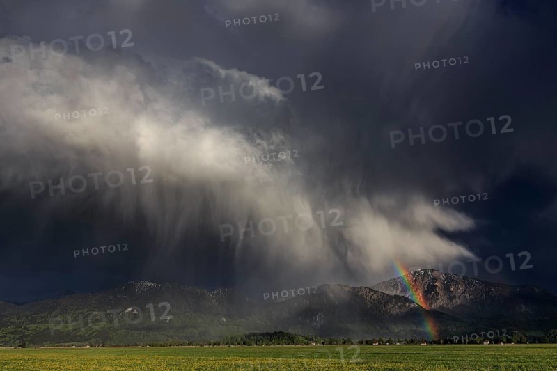 Rainbow, thundercloud, shower, evening light, summer, Loisach-Lake Kochel moor, Kochler mountains, Alpine foothills, Bavaria, Germany, Europe