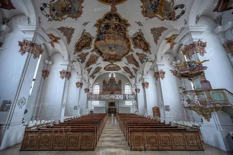 Interior with organ loft in Heilig Kreuz Minster, built around 1400, Rottweil, Baden-Württemberg, Germany, Europe