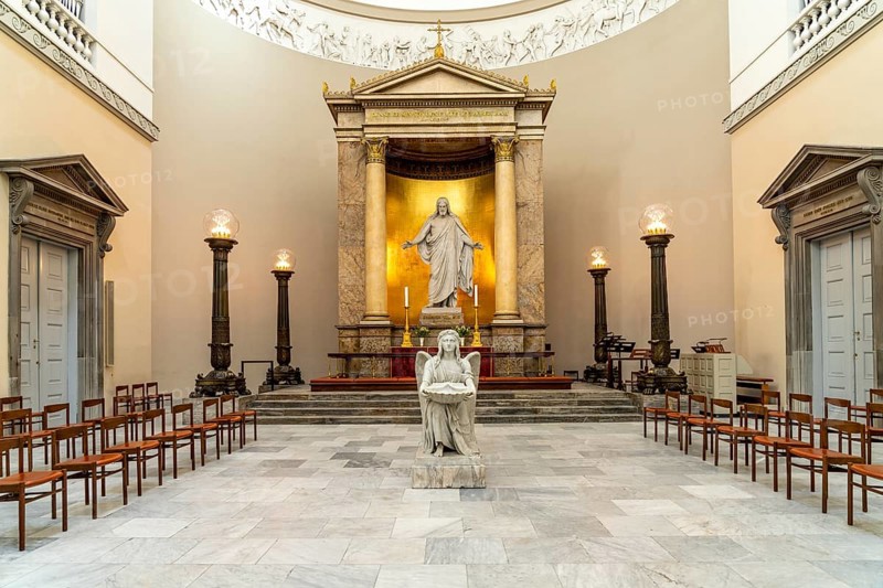Christ statue and baptismal font by Bertel Thorvaldsen in the Church of Our Lady in front of Frue Kirke or Copenhagen Cathedral, Copenhagen, Denmark, Europe