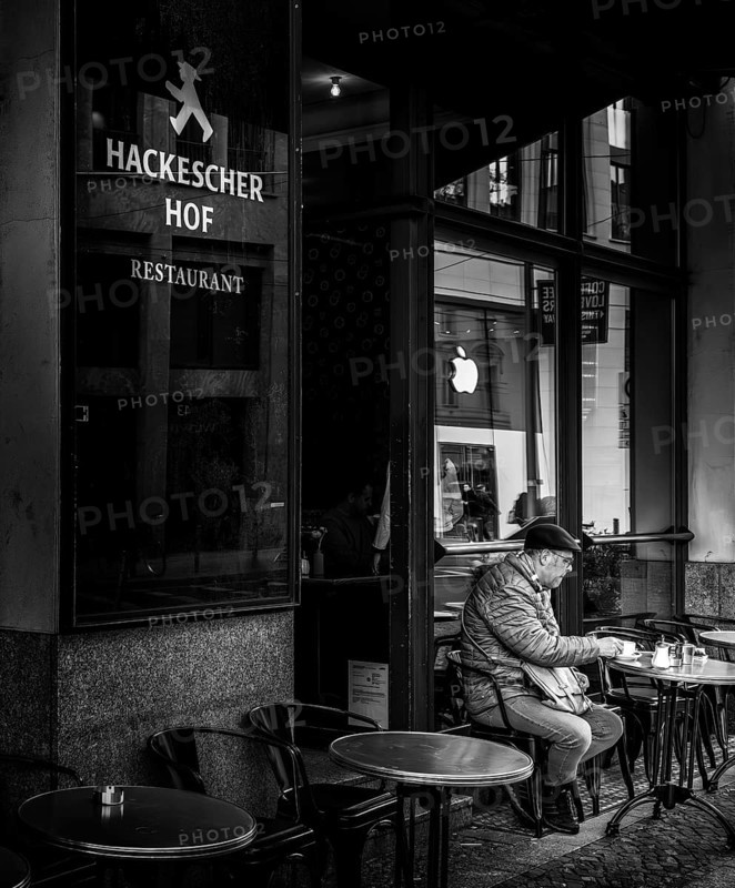 Black and white photography, outdoor catering at Hackesche Höfe, Berlin Mitte, Germany, Europe