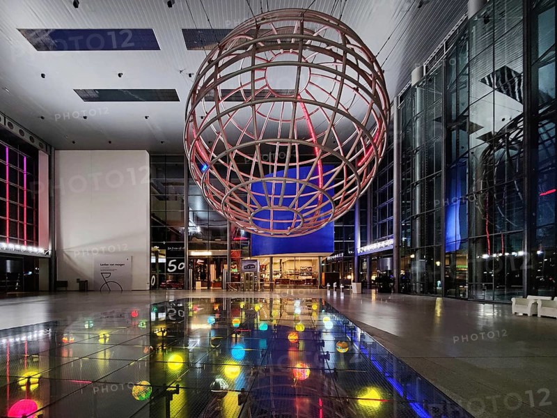 Entrance hall with lattice globe in the evening, Autostadt, Volkswagen AG, Wolfsburg, Lower Saxony, Germany, Europe