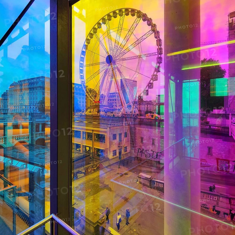 Marollescenece, art installation The Cube, coating of the windows with translucent dichroic films, Poelaert, Brussels, Belgium, Europe
