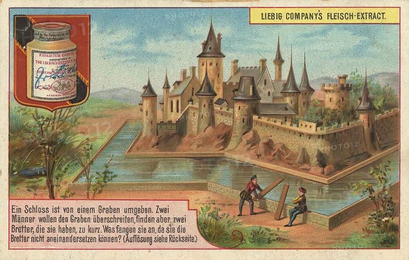Picture series puzzle, Building a bridge over the castle moat, Liebig picture, digitally restored reproduction of a collector's picture from around 1900, public domain, exact date unknown, Two men try to build a bridge over the moat, castle in the background