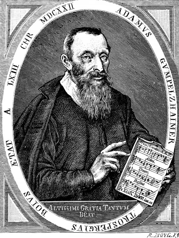 Composer and music theorist Adam Gumpelzhaimer (1559-1625) in 16222, composes polyphonic secular and sacred songs, court musician to Emperor Rudolf II in Vienna, holding a sheet of music, long beard, benevolent look, portrait of a man, historical illustration 1892