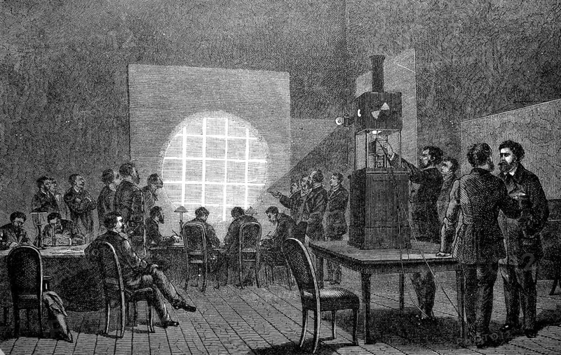 Reproduction of telegraphic dispatches by the magic lantern during the siege of Paris, historical, digital reproduction of an original from the 19th century