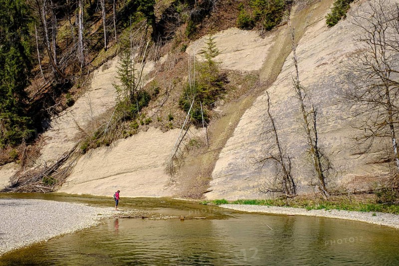 Hiker on the Hohe Wand, Nagelfluh, Eistobel geotope, Obere Argen, near Grünenbach, Allgäu, Swabia, Bavaria, Germany, Europe