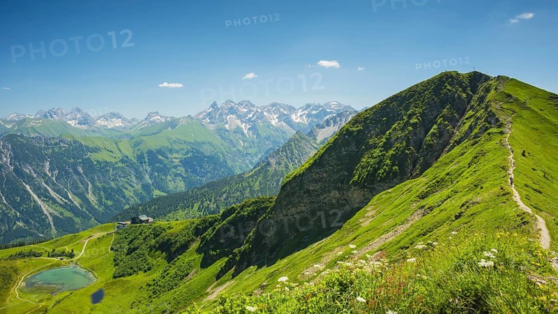 Panorama from the Fellhorn over the Schlappoldsee and Fellhornbahn mountain station to the central main ridge of the Allgäu Alps, Allgäu, Bavaria, Germany, Europe
