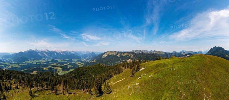 Drone shot, At the summit of the Taborberg with a view of the Lammertal and Tennengebirge mountains, Osterhorn group, Salzkammergut, Salzburg province, Austria, Europe