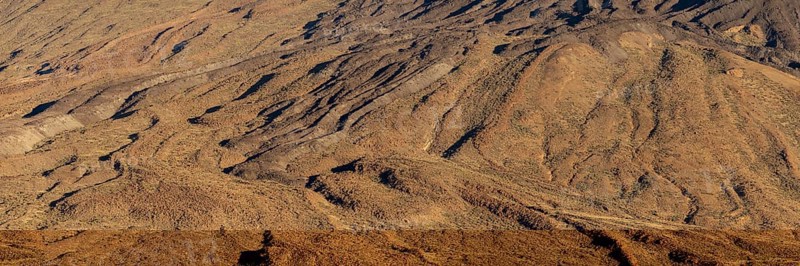 Panorama during the ascent to the Alto de Guajara, 2715m, over the Teide National Park, Parque Nacional del Teide, with solidified lava flows at the foot of the Pico del Teide, 3715m, at sunrise, Tenerife, Canary Islands, Spain, Europe