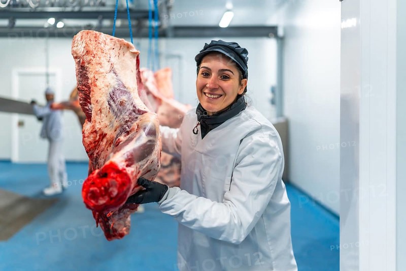 Happy female butcher carrying meat hanging in cold store of a slaughterhouse