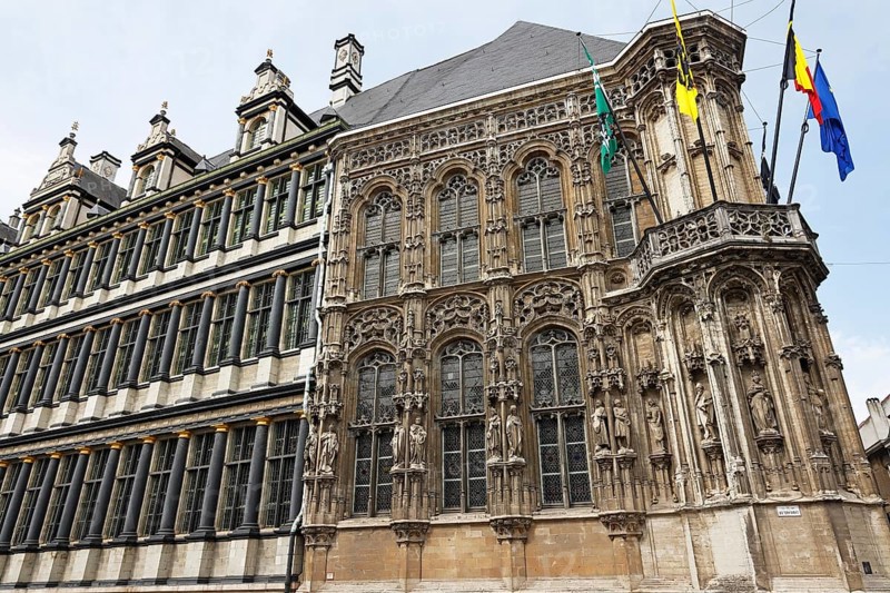 Historic town hall Stadhuis, right and centre Flamboyant Gothic wing, left Renaissance wing, Botermarkt, Ghent, Flanders, Belgium, Europe