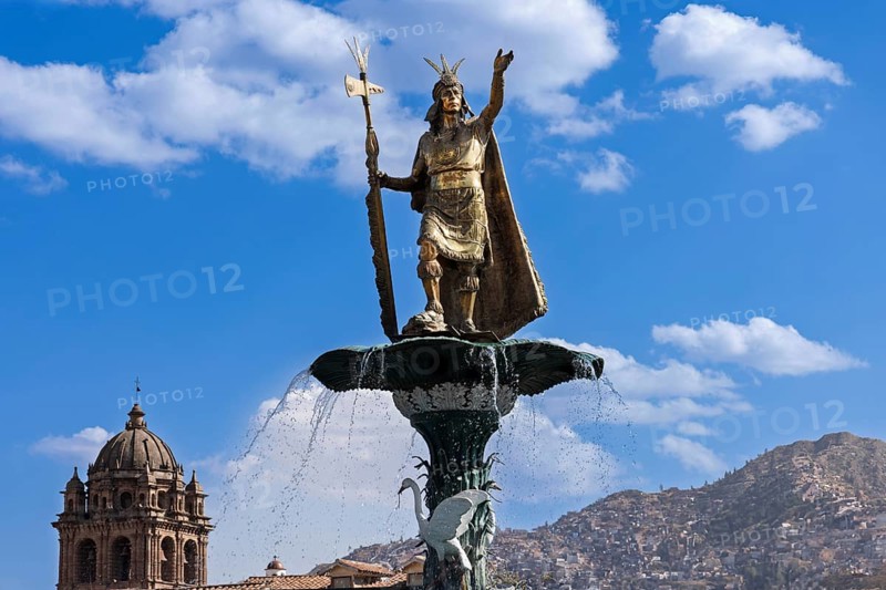 Peru, Cusco, The Statue of Pachacuti on Central Plaza de Armas square in historic city center ., South America